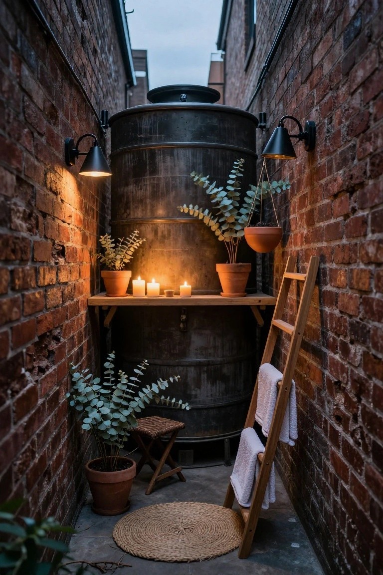 21 Fresh Stock Tank Pool Hot Tub Ideas For Relaxing Evenings Narrow brick alley outdoor space with large black metal stock tank centered between walls, wooden ladder holding white towels, potted eucalyptus plants, candles on wooden shelf, wall lights, stool, and seagrass rug on ground.
