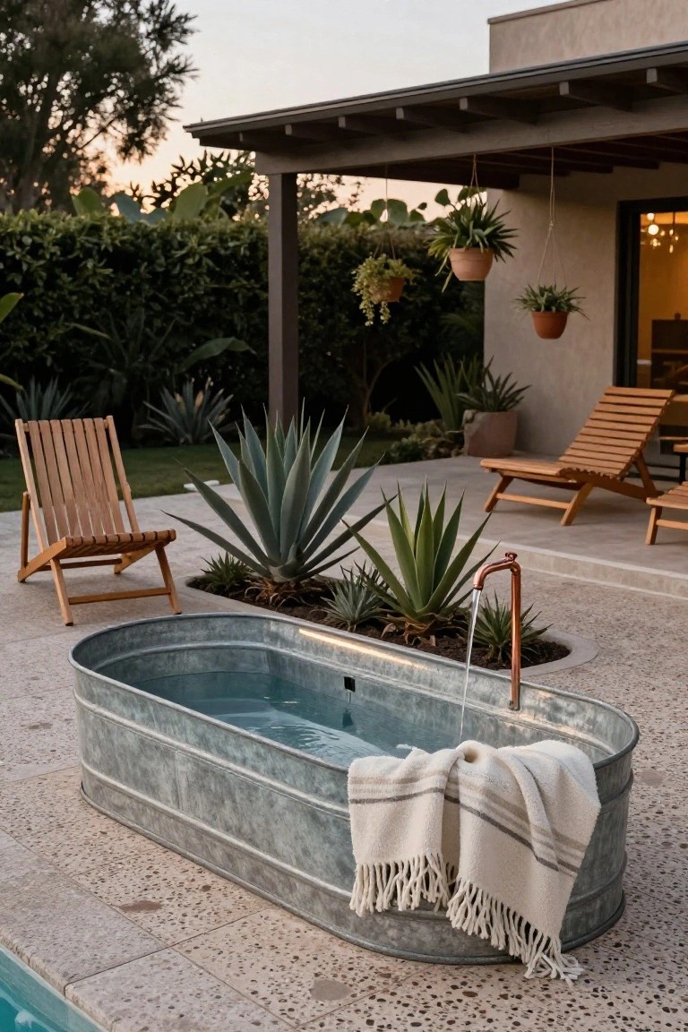 21 Fresh Stock Tank Pool Hot Tub Ideas For Relaxing Evenings Galvanized metal stock tank filled with water on a pebble patio serving as an outdoor hot tub, with a copper faucet, draped towel, agave plants, lounge chairs, and hanging planters nearby under a covered porch at dusk.