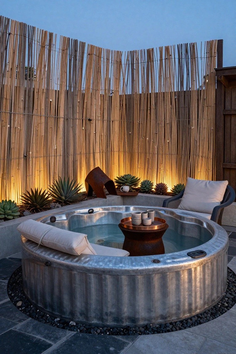 21 Fresh Stock Tank Pool Hot Tub Ideas For Relaxing Evenings Corrugated metal stock tank hot tub in a paved outdoor patio enclosed by tall bamboo fencing, with succulents, a lounge chair with cushions, a copper tray on the edge, and warm backlighting at dusk.