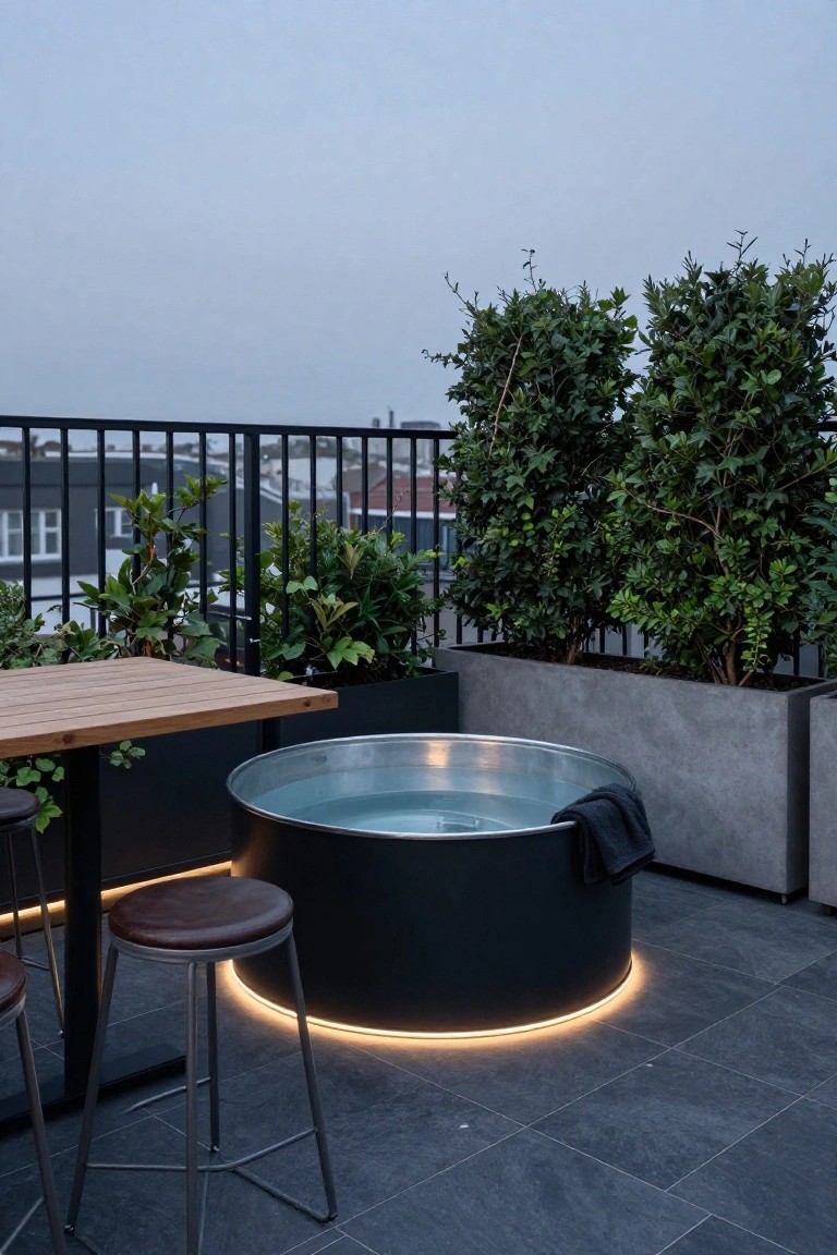 21 Fresh Stock Tank Pool Hot Tub Ideas For Relaxing Evenings Rooftop terrace with a round black stock tank hot tub filled with water, blue LED lighting around its base, wooden bar table, two stools, potted plants, and metal railing overlooking buildings at dusk.