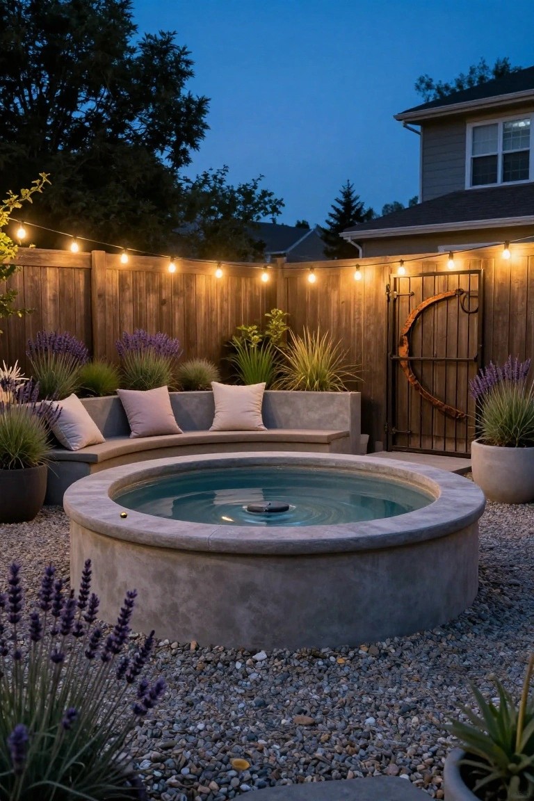 21 Fresh Stock Tank Pool Hot Tub Ideas For Relaxing Evenings Round concrete stock tank hot tub with water and light in backyard at dusk, surrounded by curved matching concrete bench with beige cushions, lavender plants, gravel ground, string lights on wooden fence, and metal gate with curved detail.
