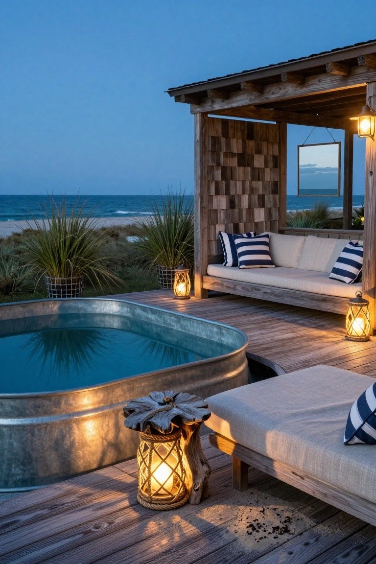 21 Fresh Stock Tank Pool Hot Tub Ideas For Relaxing Evenings Galvanized stock tank pool embedded in a wooden deck overlooking ocean dunes, with beige lounge seating, striped pillows, potted plants, and multiple lantern lights at dusk.