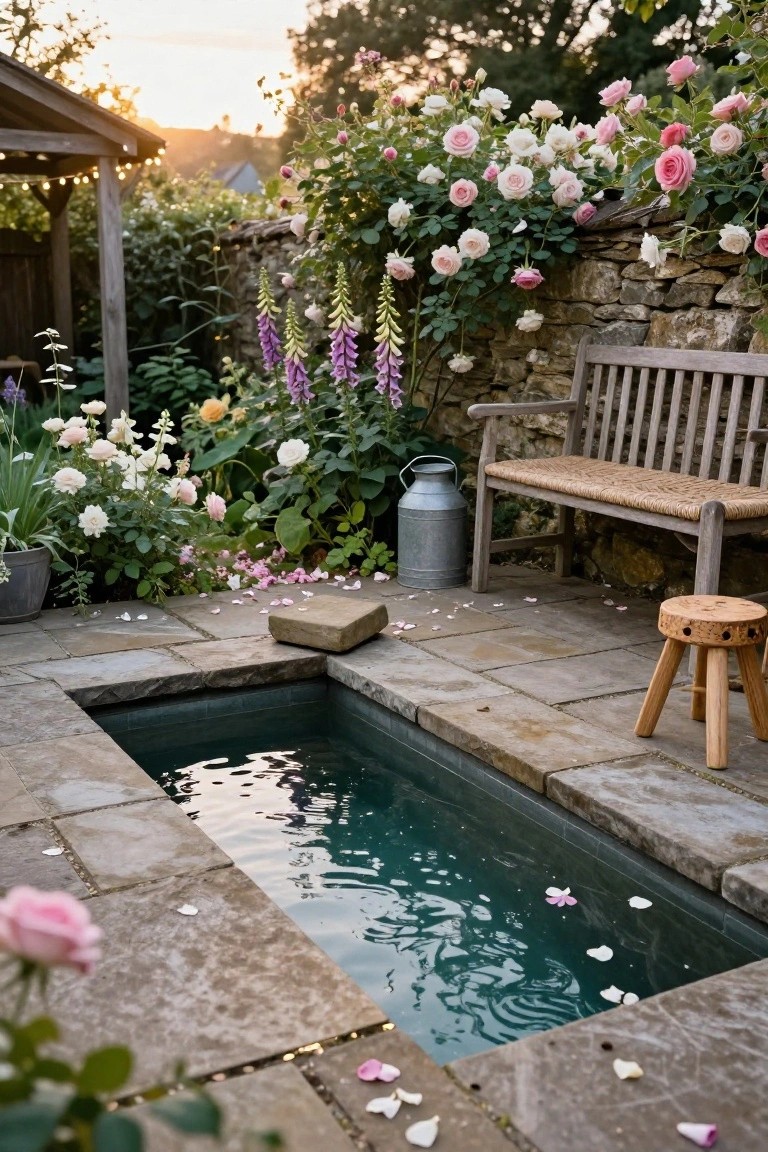 21 Fresh Stock Tank Pool Hot Tub Ideas For Relaxing Evenings Small turquoise plunge pool with floating pink rose petals in a stone-paved courtyard surrounded by climbing roses, foxgloves, white flowers, wooden bench, milk churn, and stool against a stone wall under a pergola with string lights.