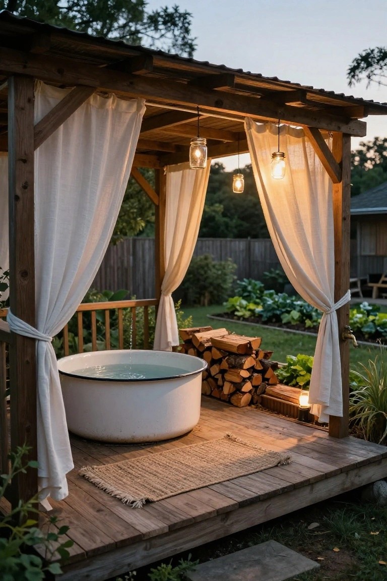 21 Fresh Stock Tank Pool Hot Tub Ideas For Relaxing Evenings Wooden pergola with white curtains enclosing a white metal stock tank filled with water on a deck, featuring hanging mason jar lights, firewood stack, garden plants, and a seagrass rug nearby.