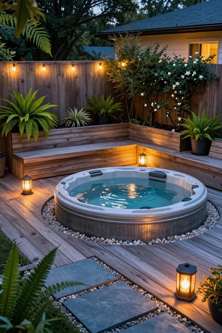21 Fresh Stock Tank Pool Hot Tub Ideas For Relaxing Evenings A round silver stock tank hot tub filled with blue water sits on a wooden deck in a backyard, surrounded by white pebbles, potted ferns and plants, an L-shaped wooden bench, string lights on a fence, and several lanterns at dusk.