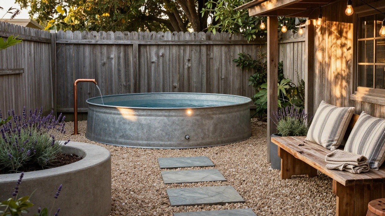 Wooden pergola sheltering a round galvanized stock tank pool with water filling it, adjacent wooden bench with cushions, copper faucet filling the tub, lavender plants, gravel ground, and string lights overhead in a backyard garden.