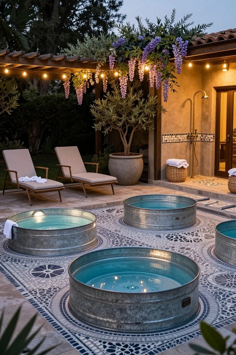21 Fresh Stock Tank Pool Hot Tub Ideas For Relaxing Evenings Outdoor patio with four round galvanized stock tanks filled with turquoise water arranged in a square on patterned mosaic tile flooring, flanked by lounge chairs, potted olive tree, outdoor shower, wicker baskets with towels, and string lights under a wooden pergola draped in wisteria.