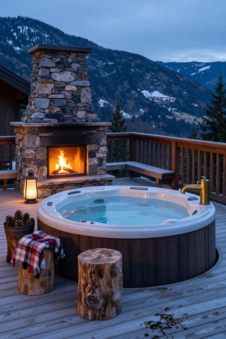 21 Fresh Stock Tank Pool Hot Tub Ideas For Relaxing Evenings Wooden deck overlooking alpine mountains at dusk features a round hot tub next to a lit stone outdoor fireplace, with a lantern, pine cones in a metal pot, plaid blanket, and log stools nearby.