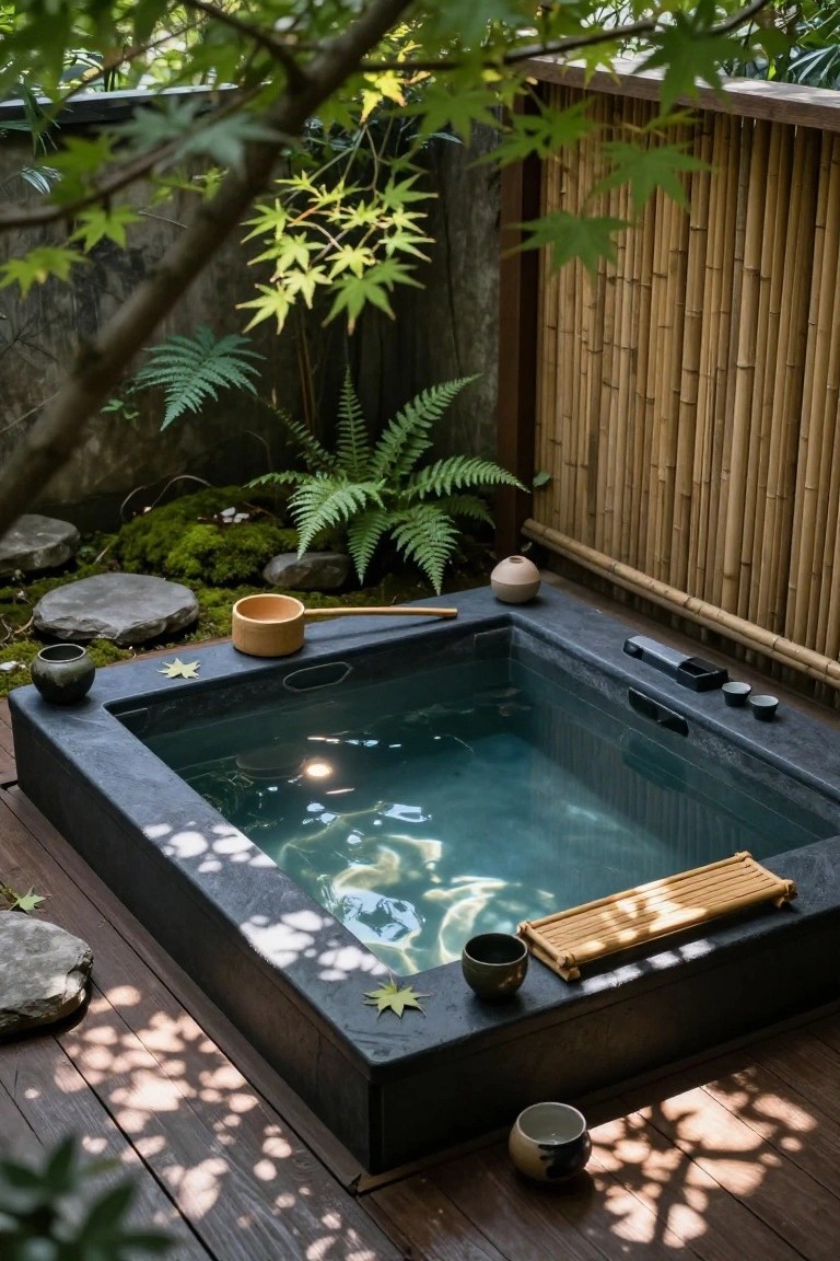 21 Fresh Stock Tank Pool Hot Tub Ideas For Relaxing Evenings Square black hot tub on a wooden deck surrounded by bamboo fencing, green ferns, mossy rocks, a wooden ladle, ceramic cups, and overhanging maple branches.
