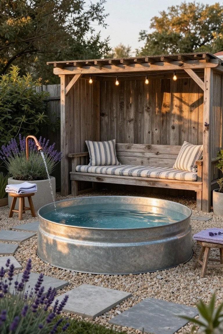 21 Fresh Stock Tank Pool Hot Tub Ideas For Relaxing Evenings Wooden pergola sheltering a round galvanized stock tank pool with water filling it, adjacent wooden bench with cushions, copper faucet filling the tub, lavender plants, gravel ground, and string lights overhead in a backyard garden.