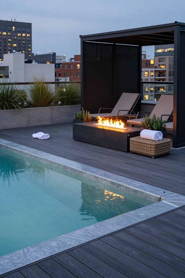 21 Fresh Stock Tank Pool Hot Tub Ideas For Relaxing Evenings Rooftop deck at dusk with a rectangular turquoise pool, black linear gas fire pit along the pool edge, two beige lounge chairs under a dark pergola enclosure, potted plants, and white towels on the dark wood decking, city buildings in background.
