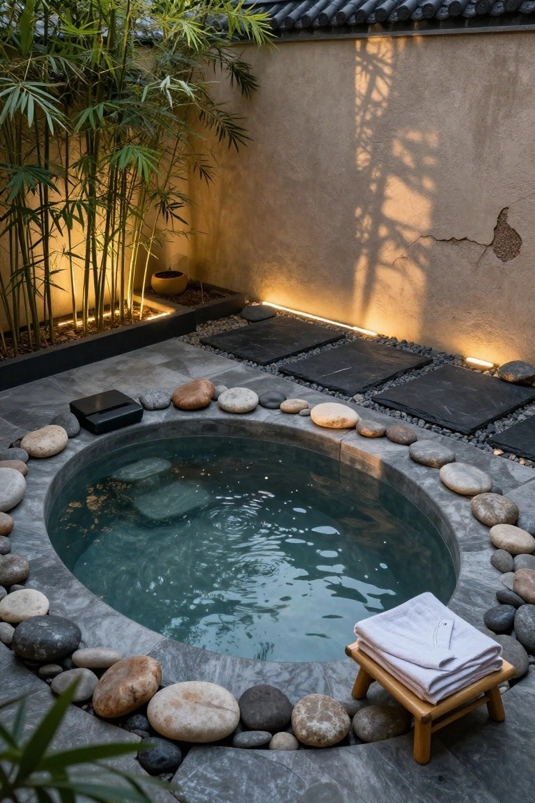 21 Fresh Stock Tank Pool Hot Tub Ideas For Relaxing Evenings Circular outdoor hot tub rimmed with smooth rounded river rocks on a dark slate patio surface, with bamboo plants, a wooden stool holding folded white towels, and soft edge lighting against a textured clay wall.