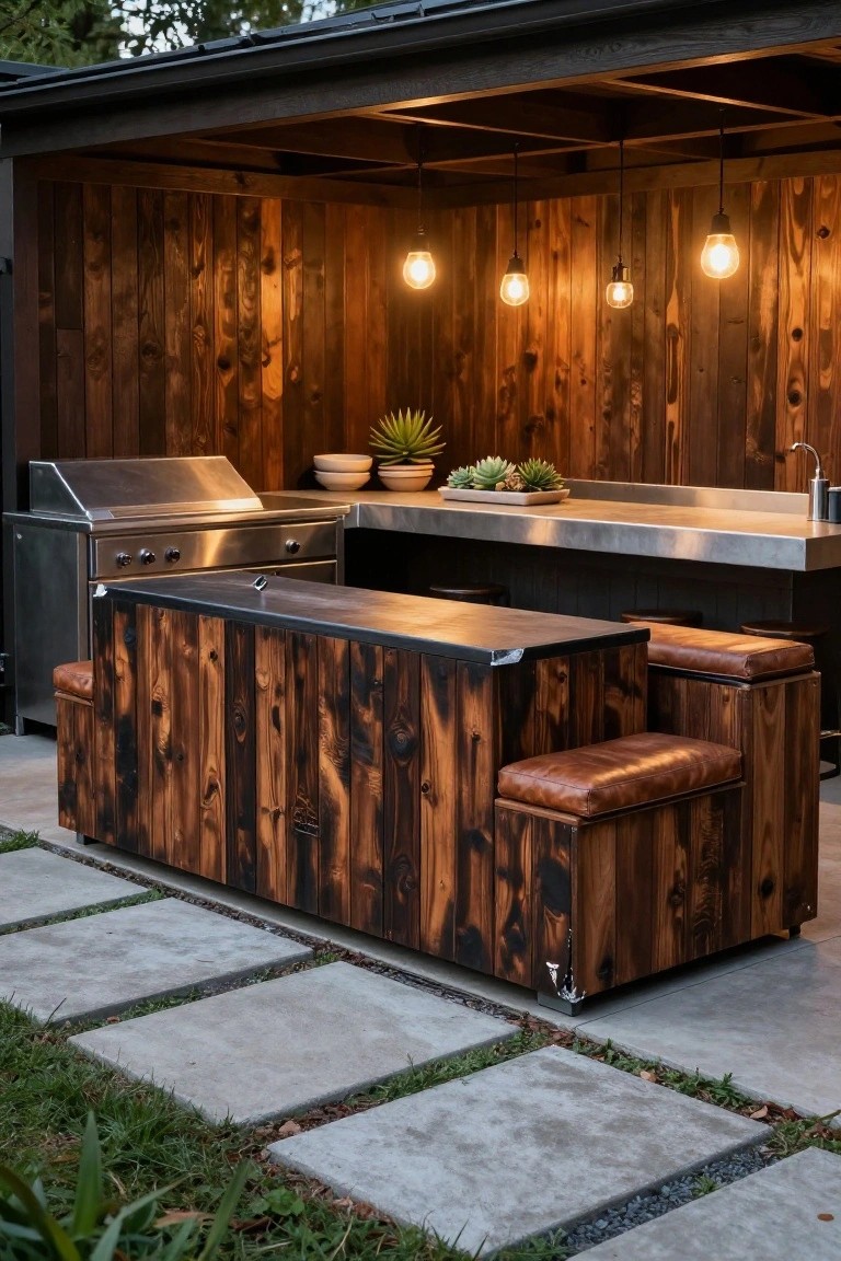 21 Fresh Stock Tank Pool Hot Tub Ideas For Relaxing Evenings Covered outdoor kitchen with stainless steel grill and countertop, charred wood bar island featuring built-in leather-padded seats, pendant lights overhead, potted succulents, and concrete paver flooring.