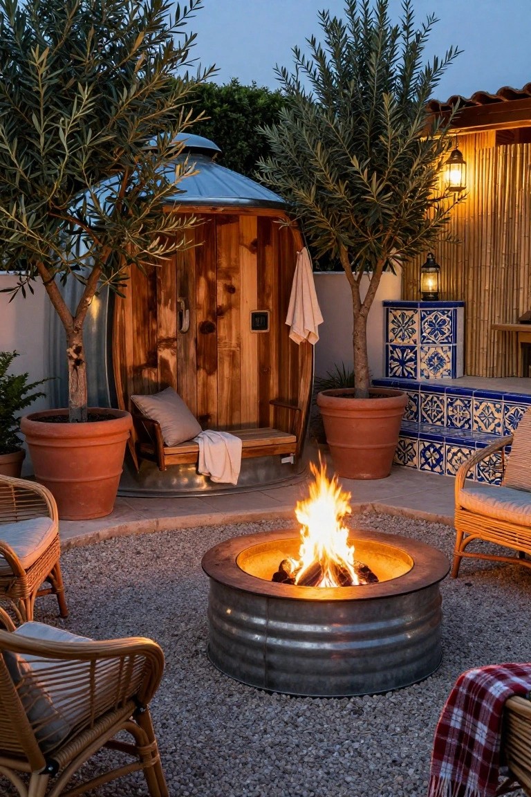 21 Fresh Stock Tank Pool Hot Tub Ideas For Relaxing Evenings Outdoor patio at dusk with a round galvanized stock tank fire pit in the center, surrounded by wicker chairs on gravel, a wooden barrel hot tub nearby, potted olive trees, lanterns, and blue tiled steps.