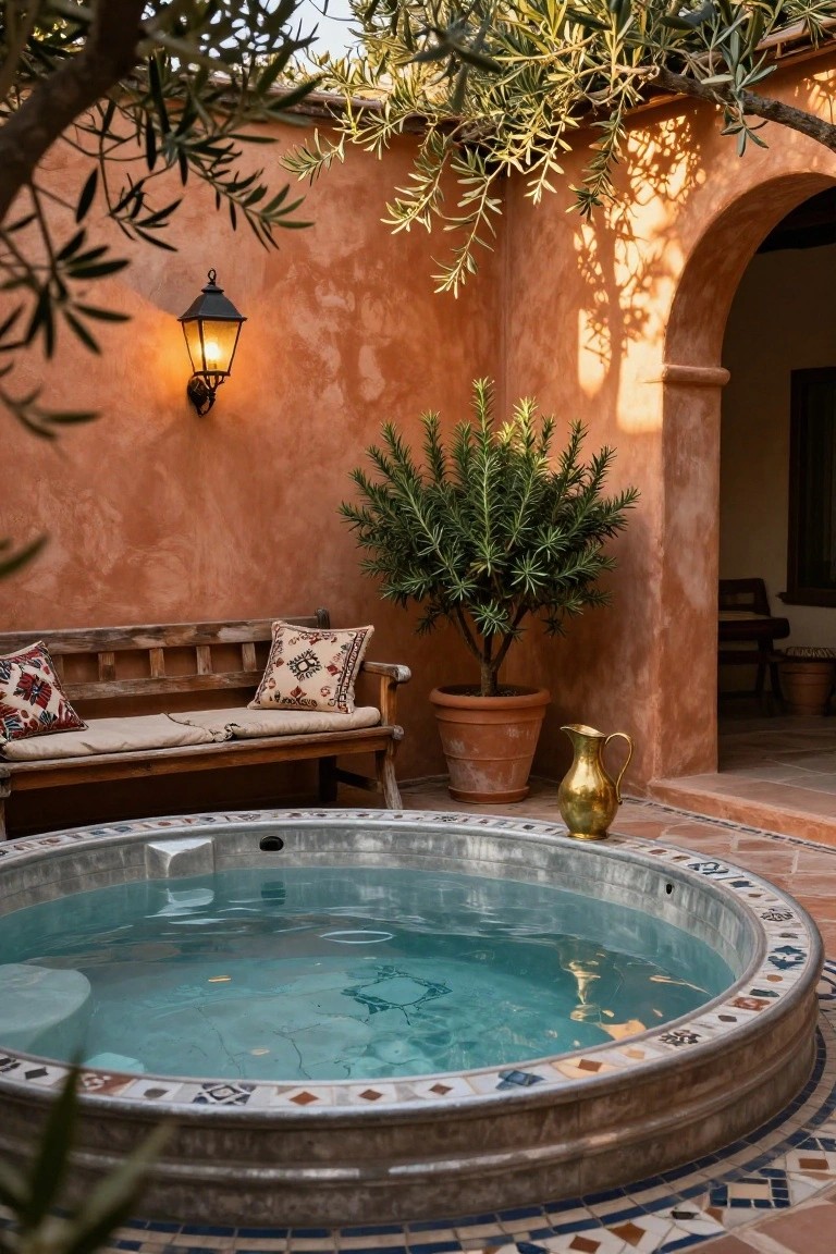 21 Fresh Stock Tank Pool Hot Tub Ideas For Relaxing Evenings Round galvanized metal stock tank hot tub in terracotta-tiled courtyard with pink walls, olive branches overhead, wooden bench with patterned cushions, potted rosemary plant, brass jug, wall lantern, and arched doorway.