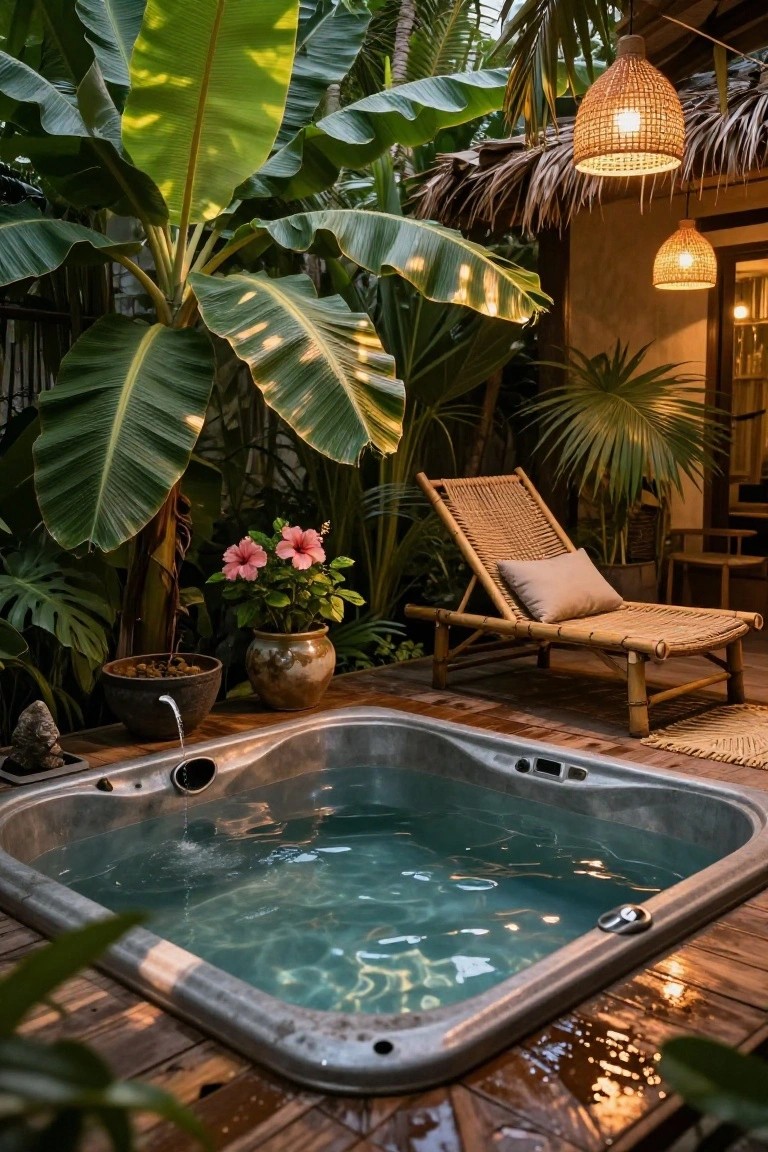 21 Fresh Stock Tank Pool Hot Tub Ideas For Relaxing Evenings Square stainless steel hot tub on a wooden deck surrounded by dense tropical plants including large banana leaves, with a woven bamboo lounger, potted hibiscus flowers, and hanging rattan lanterns nearby.