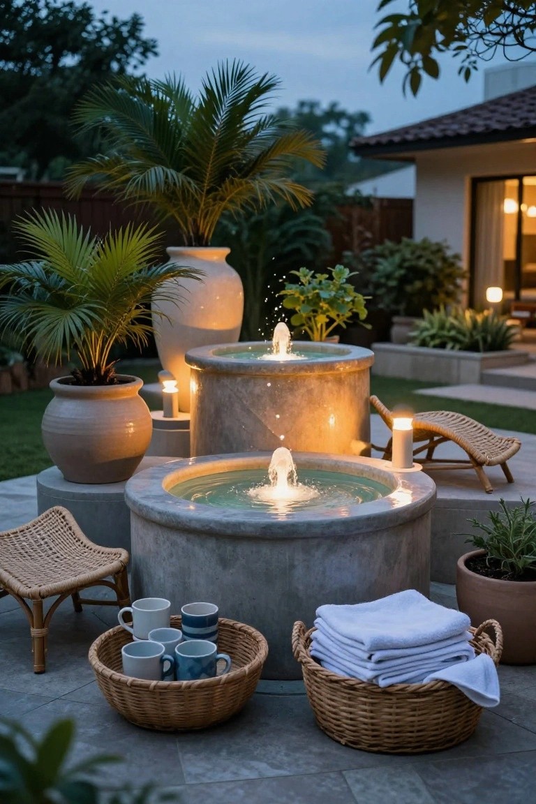 21 Fresh Stock Tank Pool Hot Tub Ideas For Relaxing Evenings Outdoor patio with three tiered circular stone basins filled with water and spraying fountains, surrounded by potted palms and herbs, rattan chairs, lanterns, and woven baskets holding white towels and ceramic mugs next to a modern house with glass doors.
