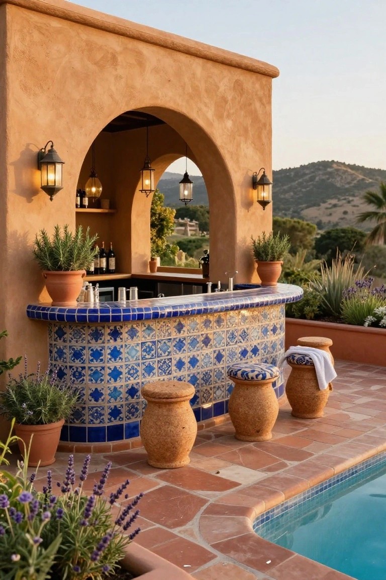 Curved outdoor bar counter covered in blue patterned tiles, with cork stools, potted plants, wine bottles on shelves, and a pool edge nearby against terracotta stucco walls and hillside backdrop.