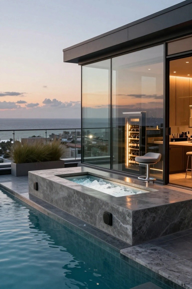 Rooftop terrace with turquoise pool and adjacent rectangular gray stone hot tub filled with bubbling water, next to glass wall opening to indoor kitchen bar with wine cooler and stool, ocean view at sunset.