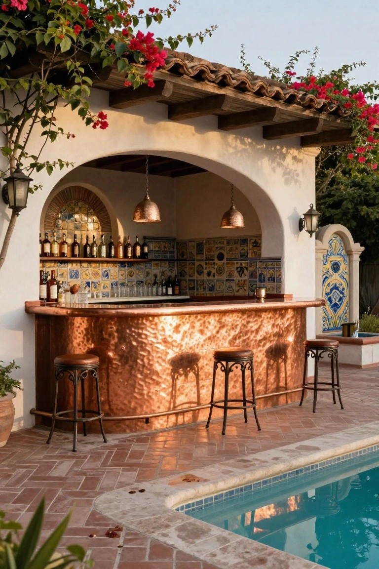 Outdoor poolside bar with curved hammered copper countertop, blue-and-white tiled backsplash stocked with bottles, four wrought-iron stools, arched adobe structure, bougainvillea vines, and adjacent swimming pool on terracotta pavers.