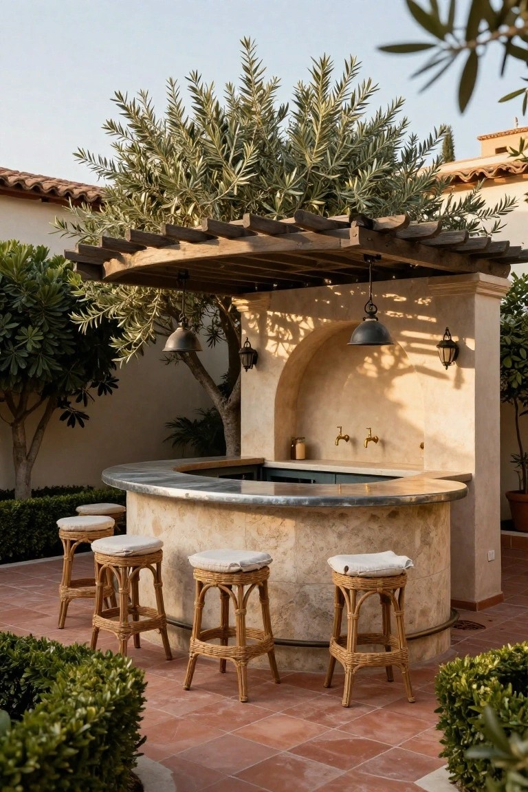 Curved stucco outdoor bar counter with rattan stools under wooden pergola, arched niche with faucet, olive trees, and boxwood hedges on terracotta pavers.