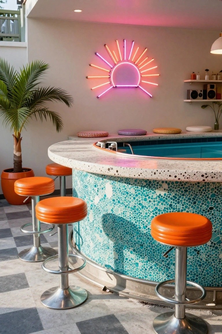 Curved outdoor bar counter with orange stools and turquoise mosaic-tiled base wrapping around a small rectangular pool, neon multicolored sun sign on white wall, potted palm plant nearby.
