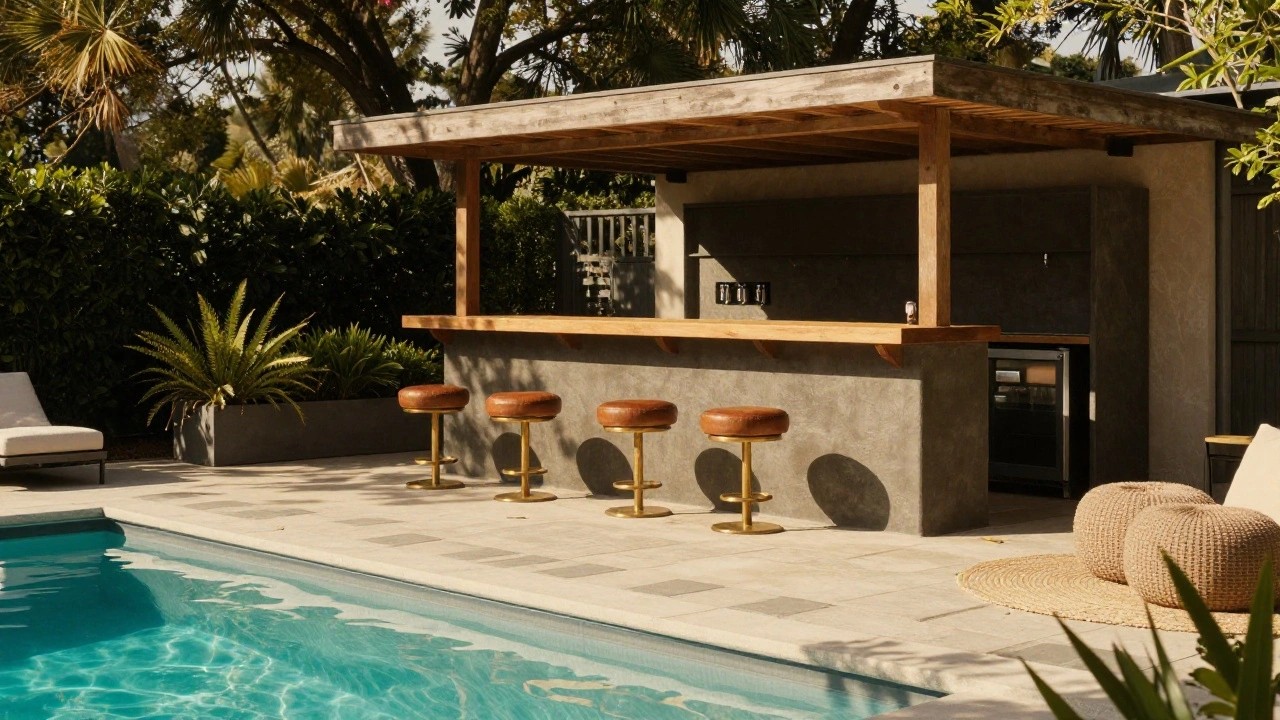 Wooden bar counter with three brown leather stools on brass pedestal bases under a pergola beside a pool, with large white pillows on a seagrass rug on tiled decking and potted plants around.