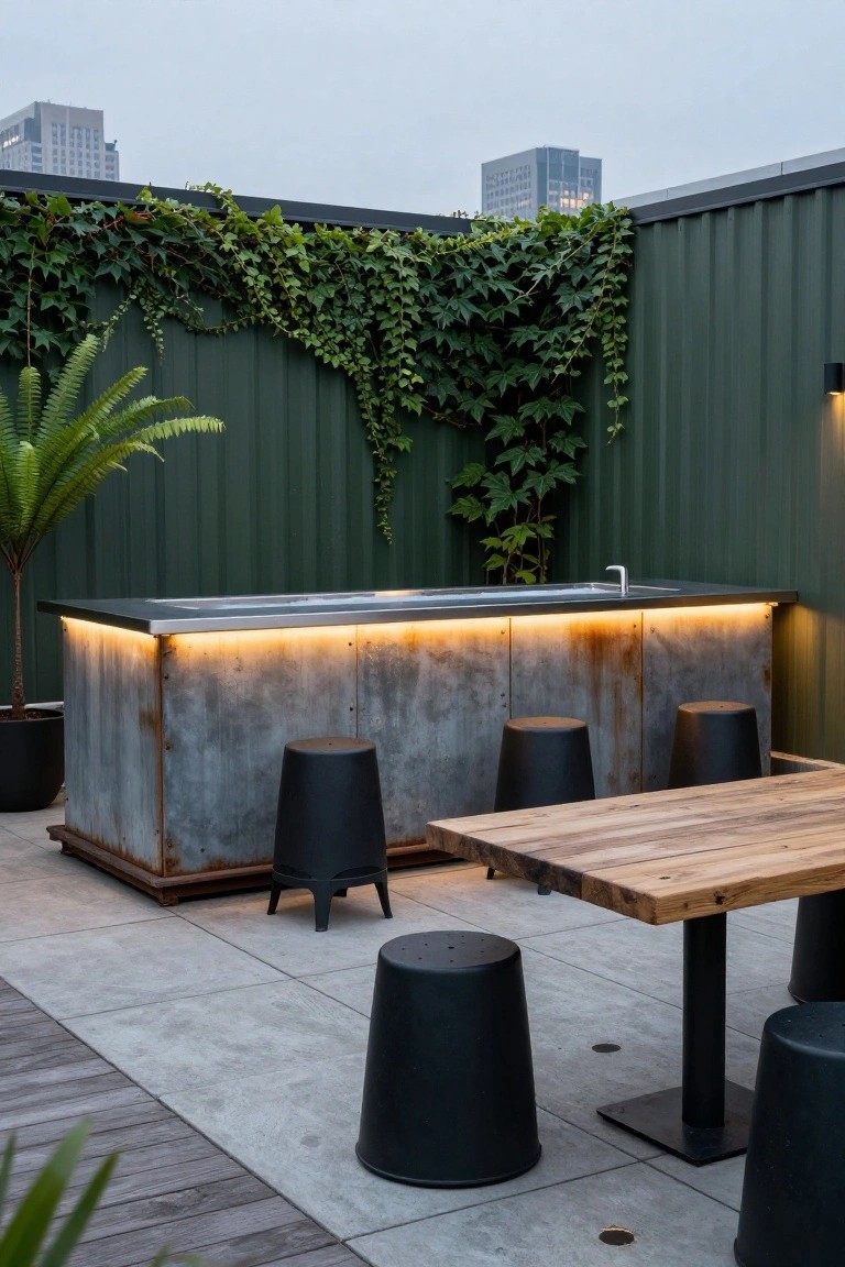 Rooftop deck with rusted metal bar counter featuring under-edge LED lighting, black cylindrical stools, wooden dining table, potted plants, fern, ivy-covered green wall, and distant city buildings.