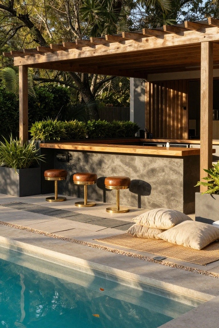 Wooden bar counter with three brown leather stools on brass pedestal bases under a pergola beside a pool, with large white pillows on a seagrass rug on tiled decking and potted plants around.