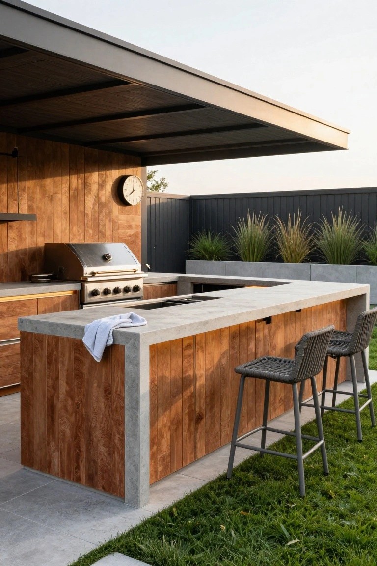 Outdoor kitchen bar island with concrete countertop, integrated stainless steel grill, wood-paneled cabinets, two gray woven bar stools, under a dark wood-beamed roof cover, next to lawn and potted grasses.