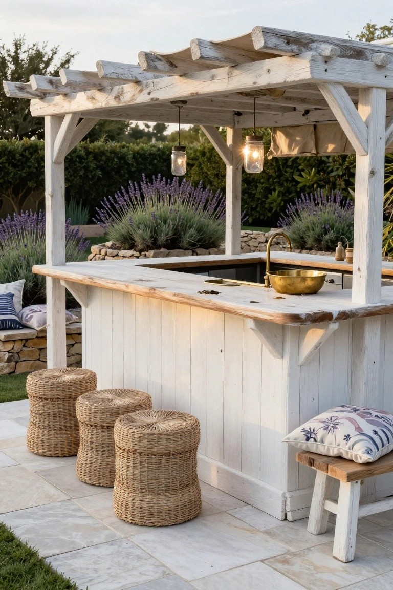 Whitewashed wooden pergola sheltering an outdoor bar on a pool deck with stone flooring, brass sink and bowl on the counter, wicker stools, lavender plants, and hanging lantern lights.