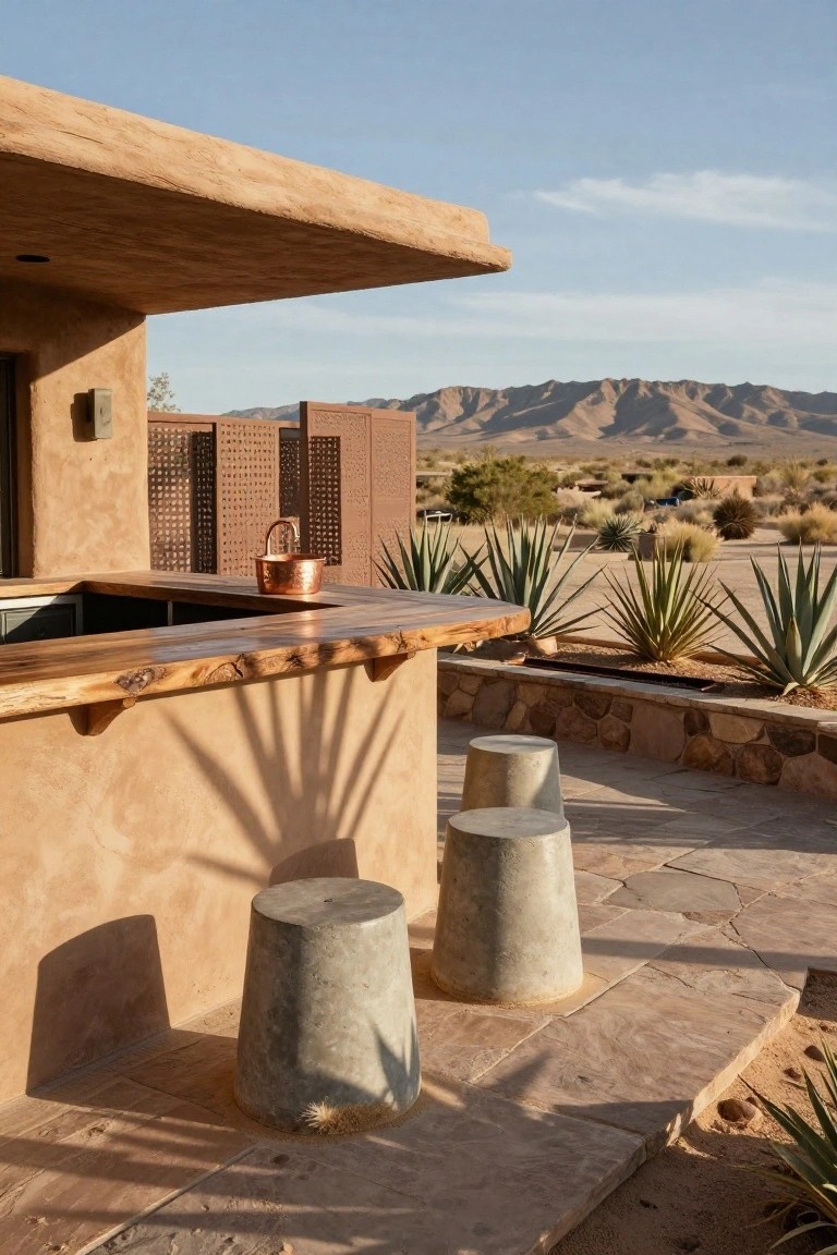 Outdoor bar on a pool deck featuring a live-edge wooden countertop, two concrete stools, copper pot, agave plants along a stone wall, and desert mountains in the background.