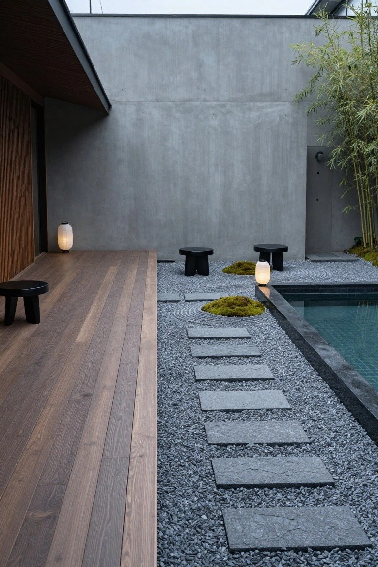 Wooden deck platform with black stools next to a gravel zen garden featuring moss, stone circles, paper lanterns, and gray stepping stones leading to a rectangular pool edged in black, with bamboo plants and concrete walls.