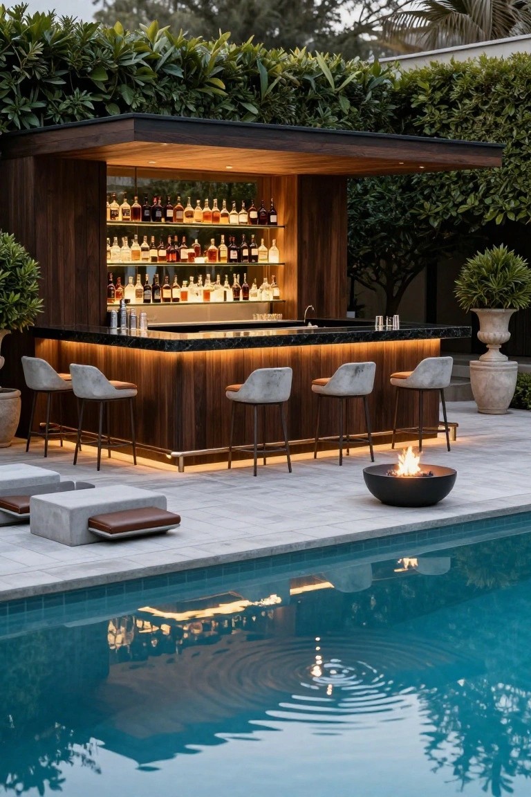 Wooden outdoor bar with backlit glass shelves displaying liquor bottles, black granite countertop, gray upholstered barstools, fire pit, and swimming pool on a light stone deck surrounded by greenery.