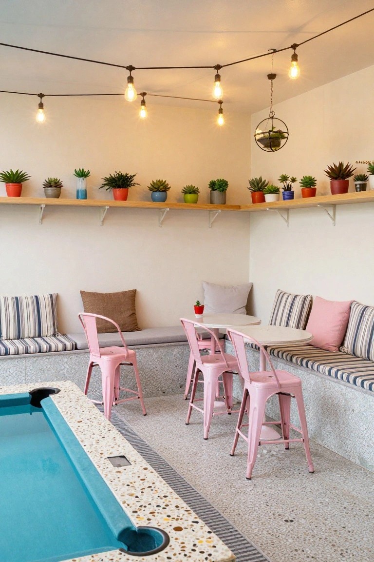 Outdoor pool deck corner with turquoise swimming pool edge, pink metal bar stools at white round tables, striped and neutral cushions on built-in benches, wooden shelves holding potted plants, and hanging string lights.