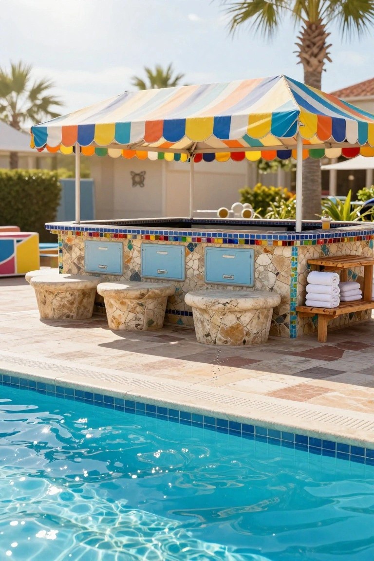 Colorful striped scalloped awning over a mosaic-tiled outdoor bar counter with stone stools and shelves, positioned beside a blue swimming pool.