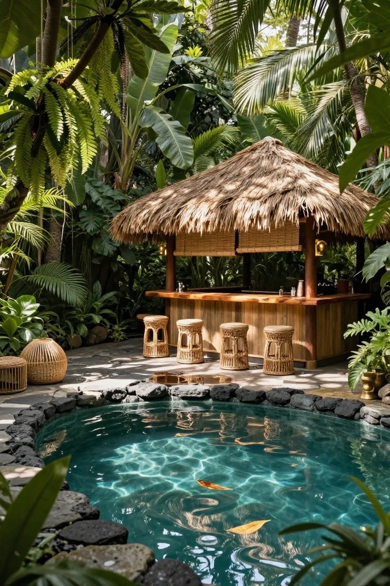A thatched-roof tiki bar with wooden bar top and rattan stools positioned beside a small turquoise pool with koi fish, edged by black rocks and surrounded by dense tropical greenery.
