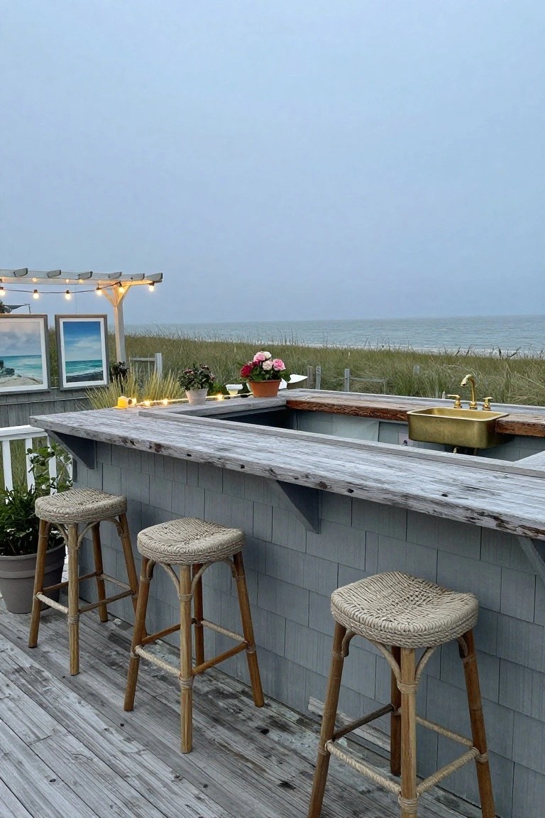 Outdoor bar on a gray shingled deck wall with weathered wood countertop, gold sink, rattan barstools, potted plants, string lights, and beach dunes with ocean view.
