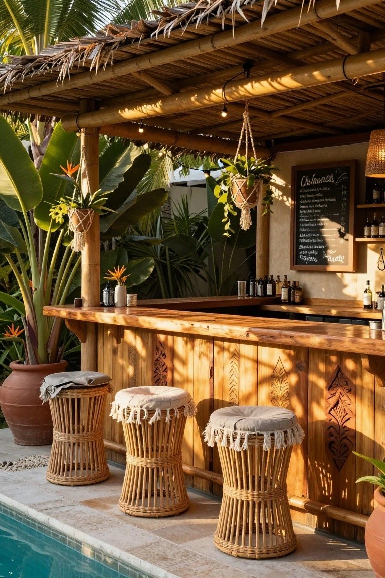 Outdoor bar made of bamboo with thatched roof and carved panels beside a swimming pool, featuring rattan stools with cushions, potted plants, and tropical greenery.
