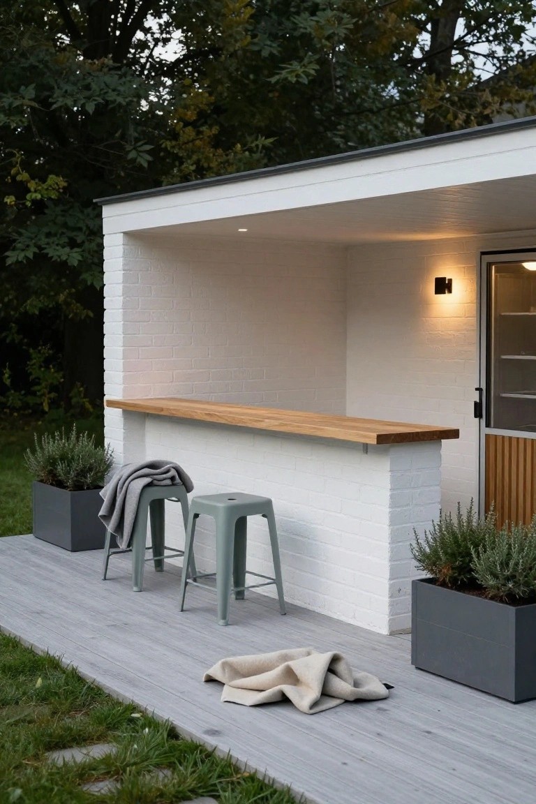 White brick outdoor bar shelter with wooden countertop and two green stools on a gray wood deck, flanked by gray pots of lavender plants and a folded gray blanket, with grass and trees in the background.