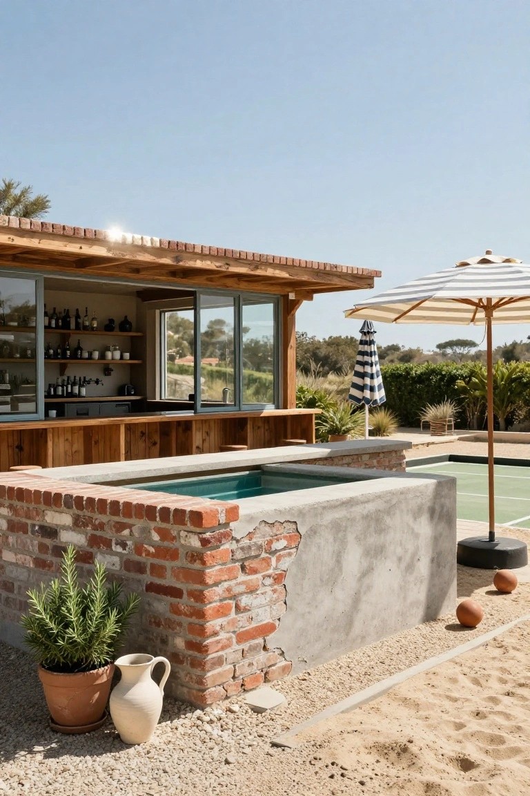 Wooden pool house bar with open shelving adjacent to a turquoise rectangular plunge pool, striped umbrellas nearby, bocce court with balls, and potted rosemary on sandy ground.