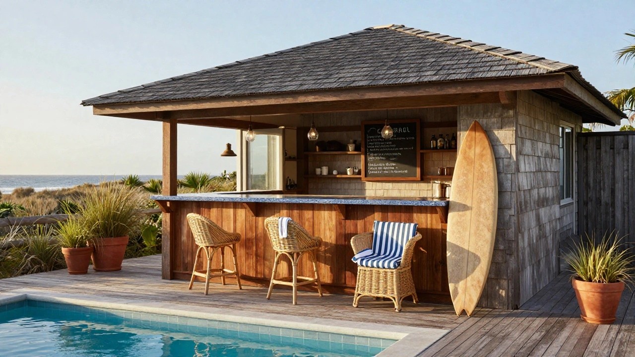Weathered wooden poolside bar shack with blue swirled countertop, rattan barstools with towels, hanging pendant lights, chalkboard menu, leaning yellow surfboard, potted plants, and blue swimming pool in foreground.