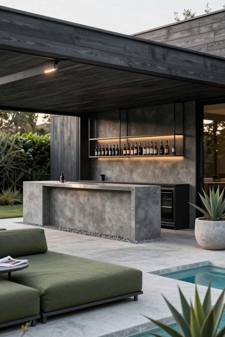 Outdoor covered patio featuring a long concrete bar counter with integrated wine fridge, backlit metal rack of wine bottles, lounge seating, potted plants, and adjacent swimming pool.