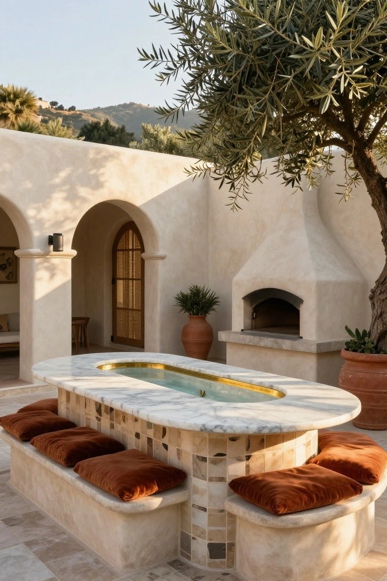 Outdoor patio with oval white marble table featuring a central elongated shallow pool, surrounded by built-in benches with red cushions, stucco walls, arched doorways, wood-fired oven, terracotta pots, and large olive tree.