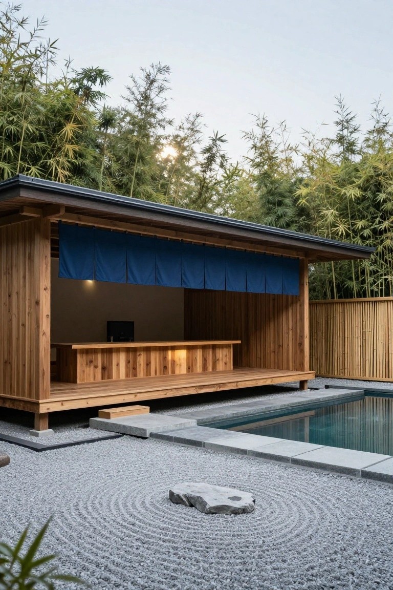 Wooden open-sided pavilion pool house with elevated bar counter and blue hanging curtains beside a rectangular swimming pool, surrounded by bamboo plants and a gravel zen garden with stone patterns.