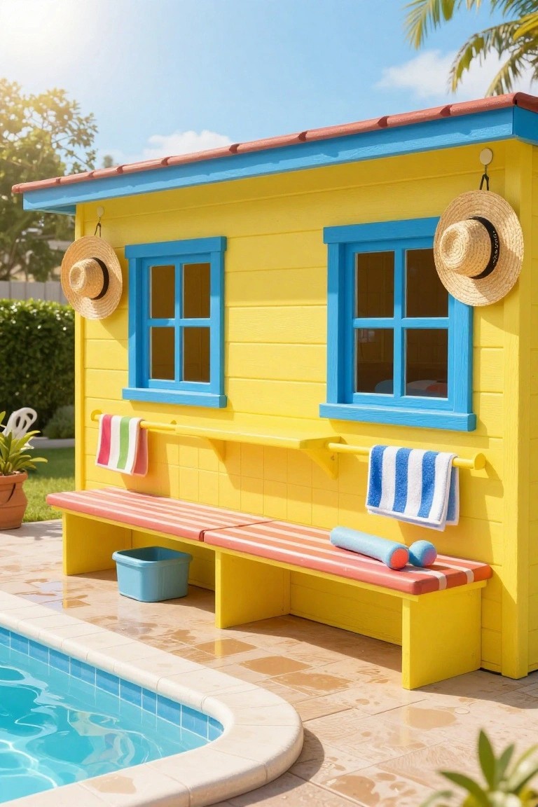 Bright yellow wooden pool house with blue window frames, red roof edge, hanging straw hats beside windows, towels on racks, pink-striped bench with blue pool toys and bucket next to a blue swimming pool under sunny sky with palm trees.