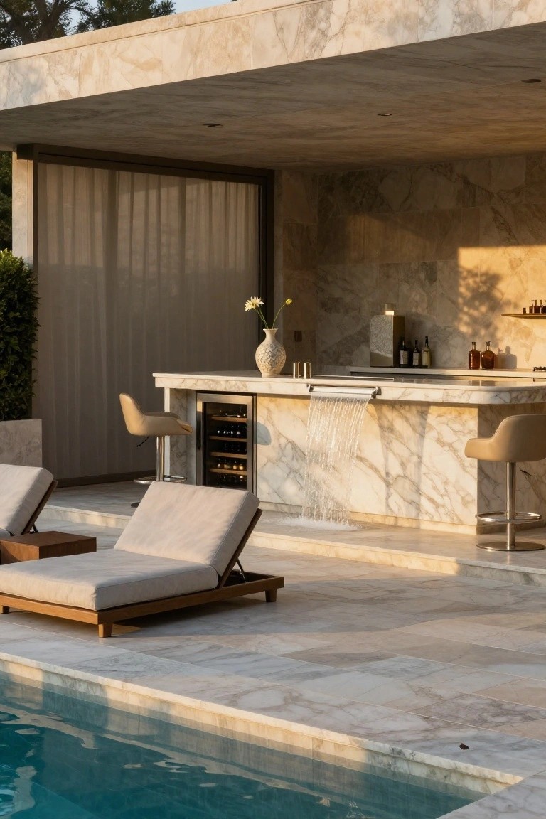 Outdoor poolside bar made of white marble with a waterfall cascading from the counter edge, wine cooler built in, two bar stools, lounge chair, and pool in foreground.