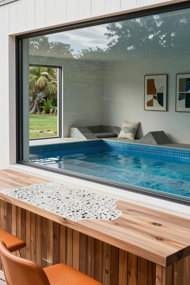 Wooden bar counter with white terrazzo insert and orange leather stools positioned against a large floor-to-ceiling glass window overlooking a blue mosaic-tiled indoor pool, concrete benches, and abstract wall art in a white-walled pool house room.