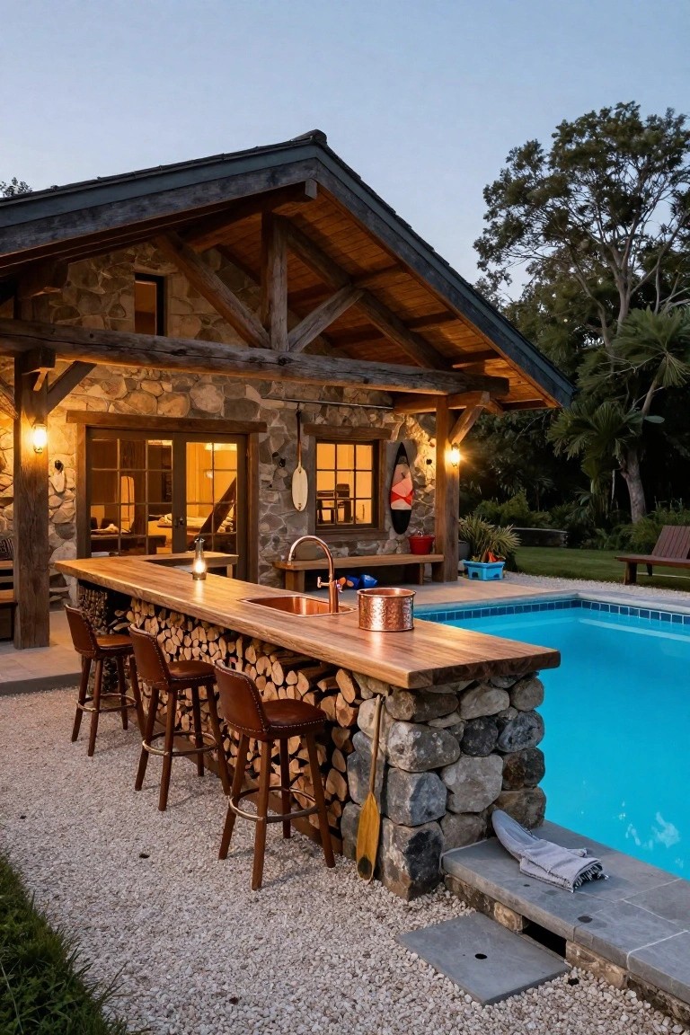 Stone and timber pool house with wooden bar counter backed by stacked firewood, copper sink, high bar stools, and adjacent turquoise swimming pool edged in gravel at evening light.