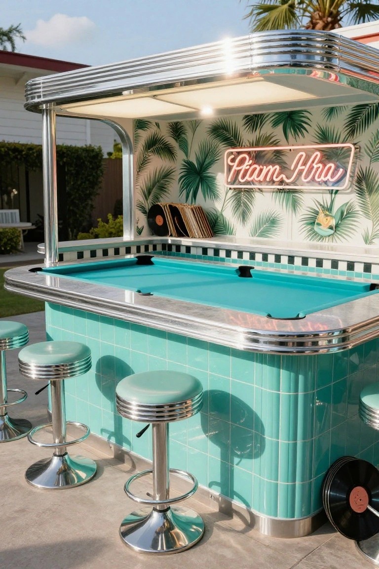 Outdoor retro bar with turquoise pool table integrated into the tiled counter, mint green swivel stools, palm print wallpaper, neon sign, and vinyl records nearby in a garden setting.